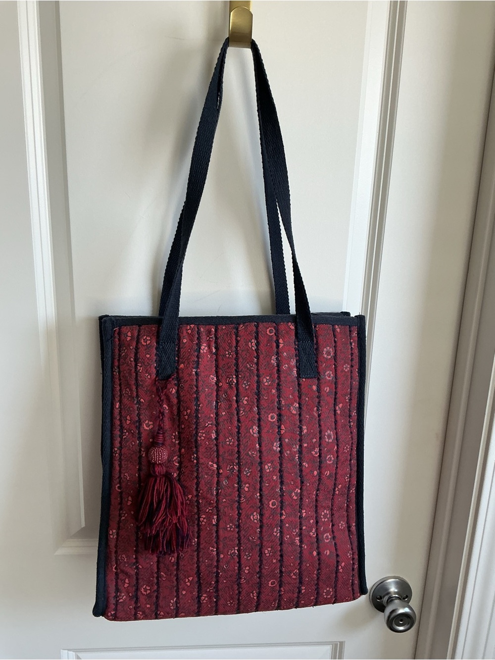 Women’s Red and Navy Quilted Tote Bag with Tassel